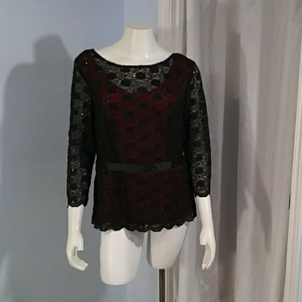 Blue Sage Black Lace Top with Red Tank Underneath